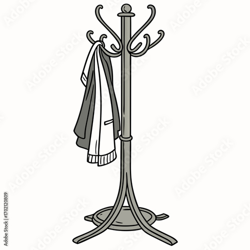 Classic Metal Coat Rack with Hanging Garments, Hand-Drawn Illustration Style