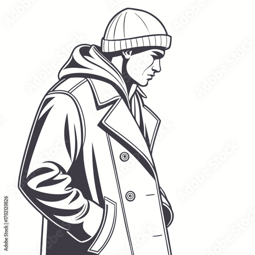 Monochrome illustration of a stylish man in a warm coat and beanie, exuding a contemplative urban mood