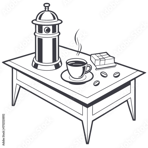 Cozy coffee moment illustration featuring a traditional moka pot, a steaming cup of brew, and scattered beans on a table