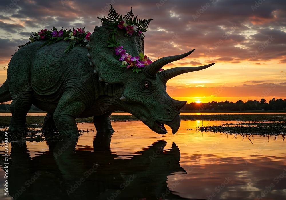 Fototapeta premium Sunset Triceratops: Floral Tribute