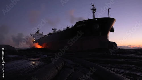Dramatic seascape featuring a large cargo ship illuminated against a twilight sky, Cargo vessel adrift on a dark, rocky expanse beneath a muted twilight horizon