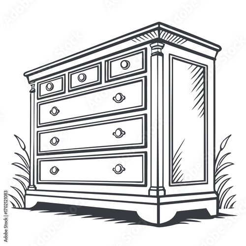 Line drawing of an antique dresser with drawers and ornate details