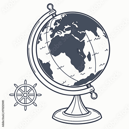 Globe illustration with steering wheel Exploring the world