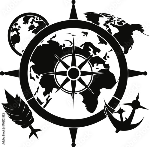 Nautical theme with maps, compasses, and ship wheels. silhouette  vector black , white background 
