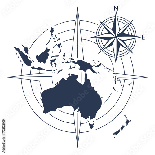 Compass Map of the World with Focus on Australia and Surrounding Areas