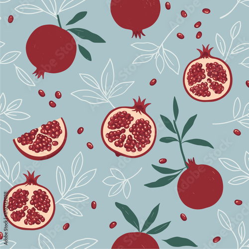 Hand-Drawn Pomegranate Fruit & Leaf Seamless Pattern on Blue Background