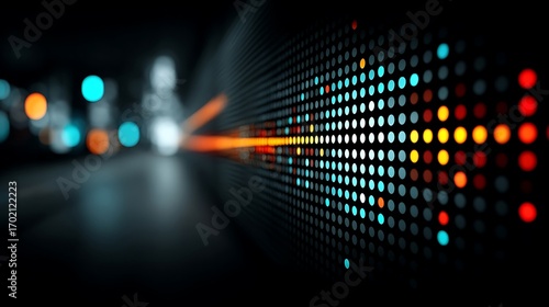 the image depicts an abstract arrangement with a large array of uniformly spaced circular elements dominating the scene