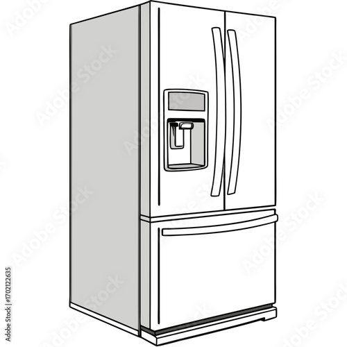 Sleek French Door Refrigerator Illustration with Water Dispenser for Modern Kitchens