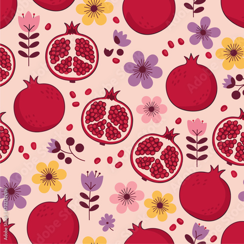 Pomegranate and Floral Seamless Pattern. Botanical illustration with whole and halved pomegranates, colorful flowers on a light pink background.
