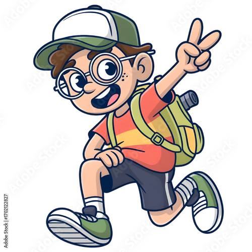 Cartoon boy with backpack, glasses, and cap making a peace sign while running on transparent background