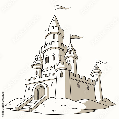 Detailed line art illustration of a fairytale sandcastle on a white background