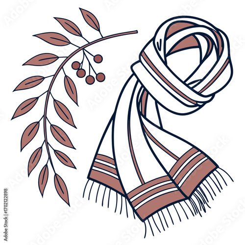 Hand-drawn cozy winter scarf and autumn berry branch illustration