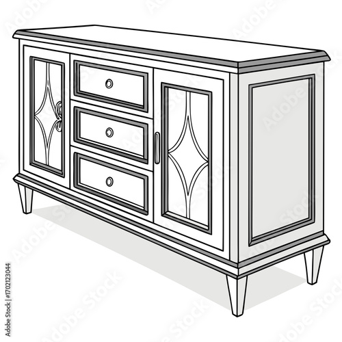 Elegant Line Art Illustration of a Classic Wooden Sideboard with Drawers and Glass Doors for Interior Design