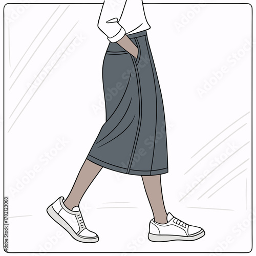 Casual street style illustration of a woman walking in a midi skirt and sneakers