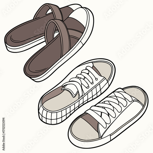 Collection of casual footwear including sandals and sneakers