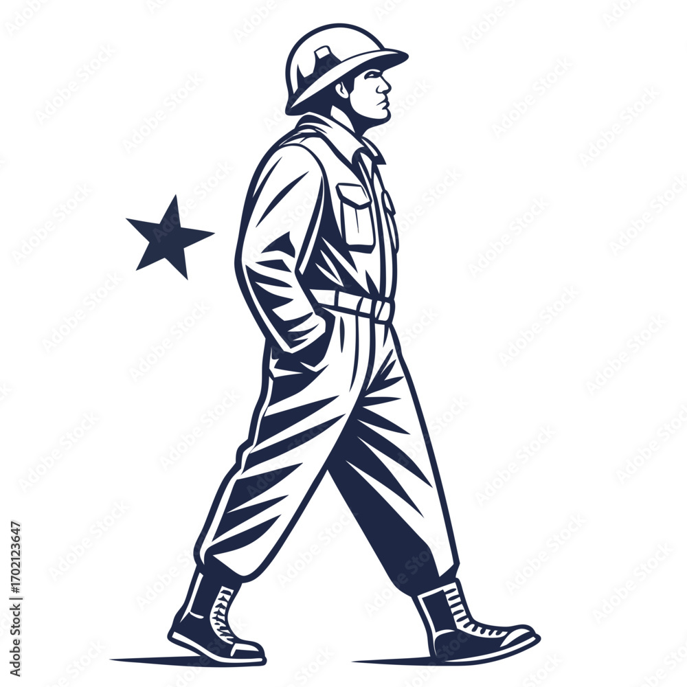 Fototapeta premium Military uniform with star symbol and boots, a man walking