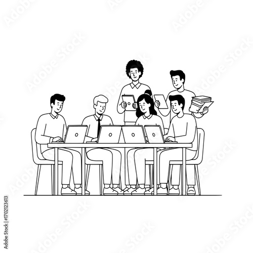 a group of people sitting around a table with laptops