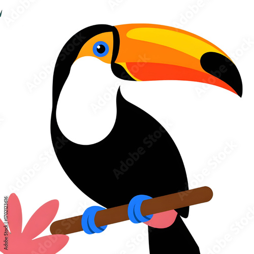 Illustration of a toucan perched on a branch with pink flower in the corner on transparent background