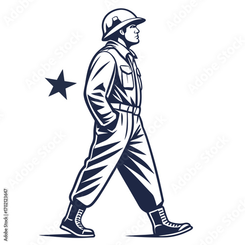 Military uniform with star symbol and boots, a man walking