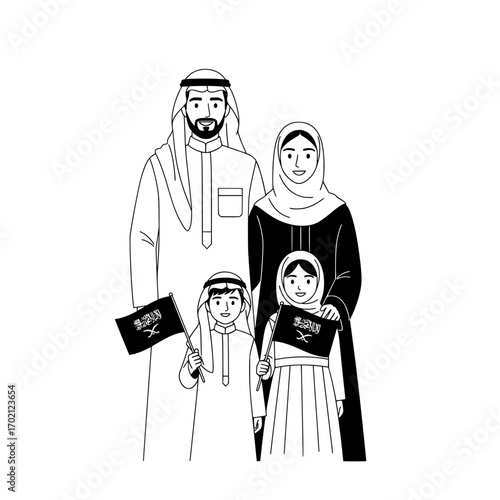 a black and white drawing of an arab family