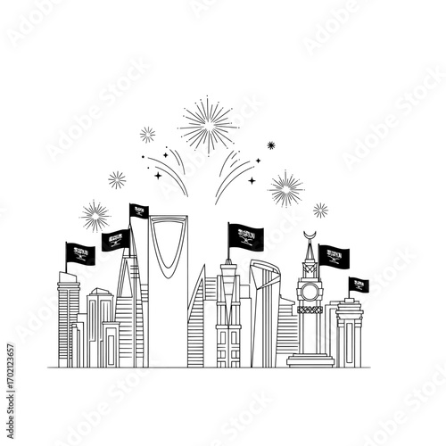 a black and white drawing of a city with flags and fireworks