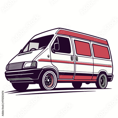 Illustration of a Stylish White and Red Passenger Van Side View