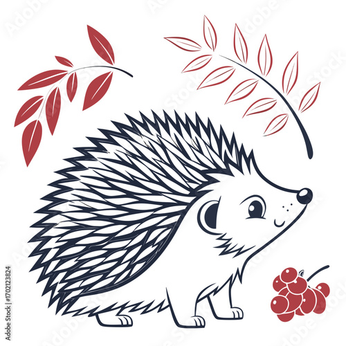 Charming cartoon hedgehog with autumn rowan leaves and berries