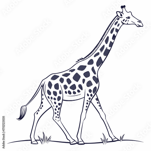 Illustration of a Giraffe Walking in a Grassy Field
