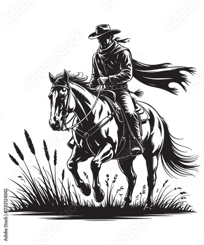 A Silhouetted Cowboy Rides a Galloping Horse