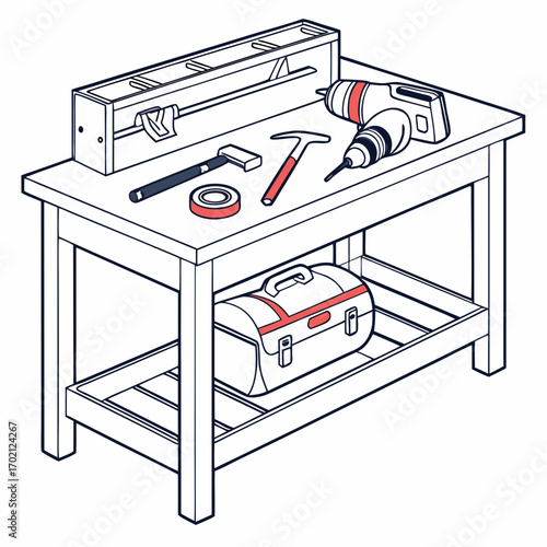 A collection of essential tools for woodworking and home repair on a workbench