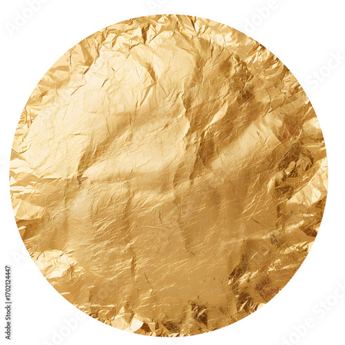 Close up of a circular piece of crumpled gold foil against a white background on transparent background