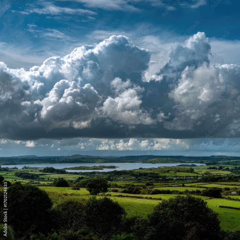 Fototapeta premium Vast, dramatic clouds over a placid lake and green fields