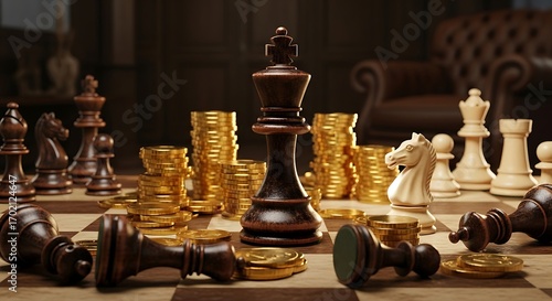 Chessboard Strategy with Gold Coins and Fallen Pieces.