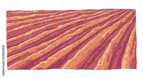 Cartoon Illustration of a Ploughed Field with Ridges and Furrows.