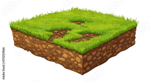 Cartoon Isometric Grass and Soil Block Illustration.