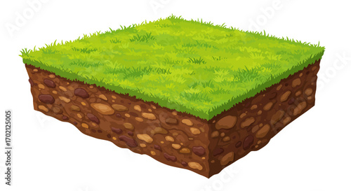 Cartoon Soil Block with Green Grass Surface and Rock Texture.