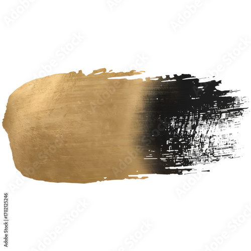 A brushstroke of gold transitioning into black paint on a white background on transparent background