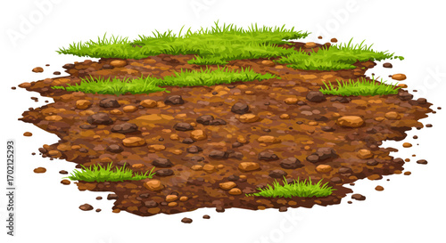Patch of Soil with Rocks and Green Grass Illustration.