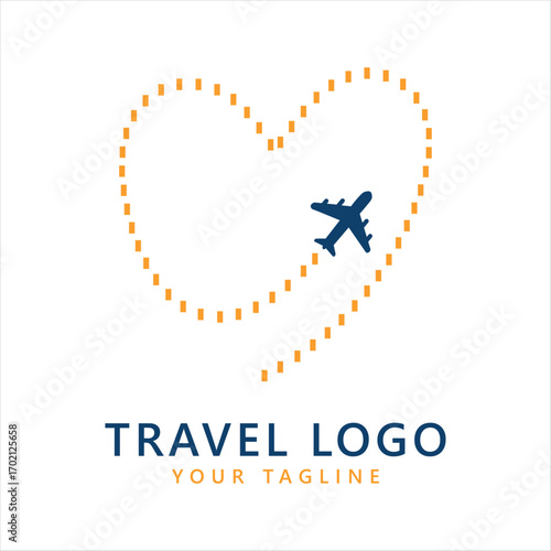 Travel logo with airplane flying through heart-shaped orange path for romantic and adventure branding