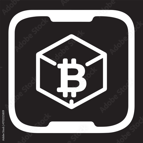 A white hexagonal outline with a Bitcoin symbol inside, set against a stark black background with rounded corners.