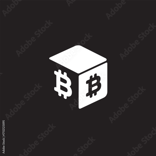 A minimalist white cube with the Bitcoin symbol on its visible faces, set against a stark black background.