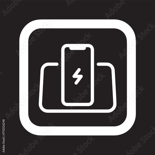 A minimalist white icon on a black background depicts a smartphone being wirelessly charged on a pad, indicated by a lightning bolt.