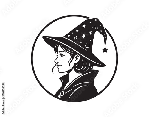 gorgeous fortune teller sporting a witch hat adorned with stars - side view of a sorceress's head in a black and white vector silhouette, framed in a circle