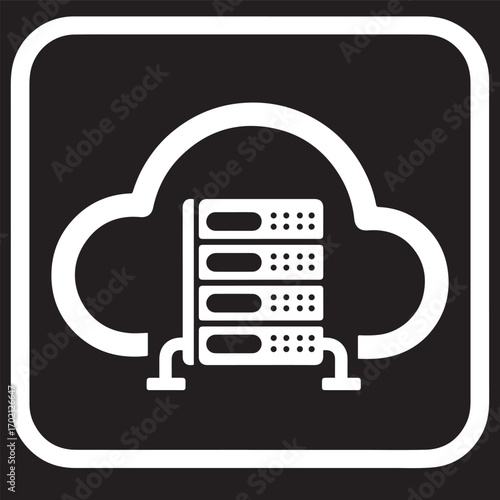 A white icon depicting a server rack within a cloud outline, symbolizing cloud computing services and data infrastructure.