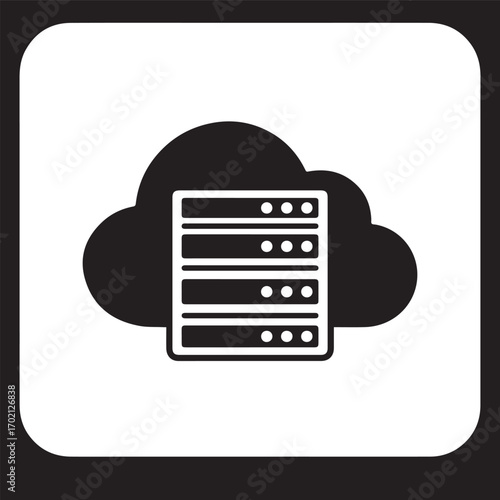 A black and white icon depicting a server rack superimposed on a cloud shape, symbolizing cloud computing and data storage services.