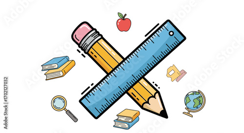 Back to School Supplies Theme With Education Icons Including Books Pencils Ruler Magnifying Glass and Globe