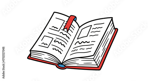 An Open Book Filled with Various Articles Illustrations and a Red Bookmark Indicating a Place to Return To