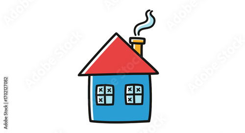 A simple blue cartoon house with a red roof and smoke coming from the chimney illustrated on a black background