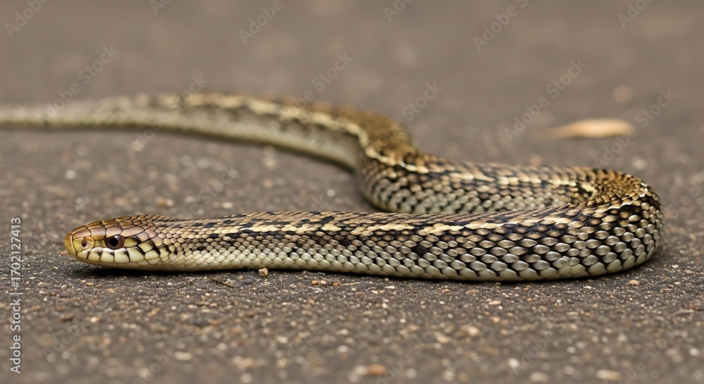 Fototapeta premium Checkered Garter Snake basking on a warm surface.