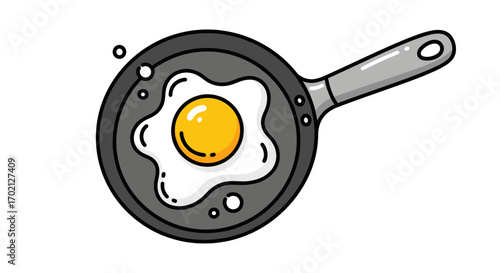 A simple illustration of a fried egg cooking in a gray non-stick pan with a handle creating a delicious breakfast dish for a healthy meal